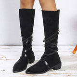 Corashoes Pointed Toe Suede Around Lace-Up Embrellished Tall Boots